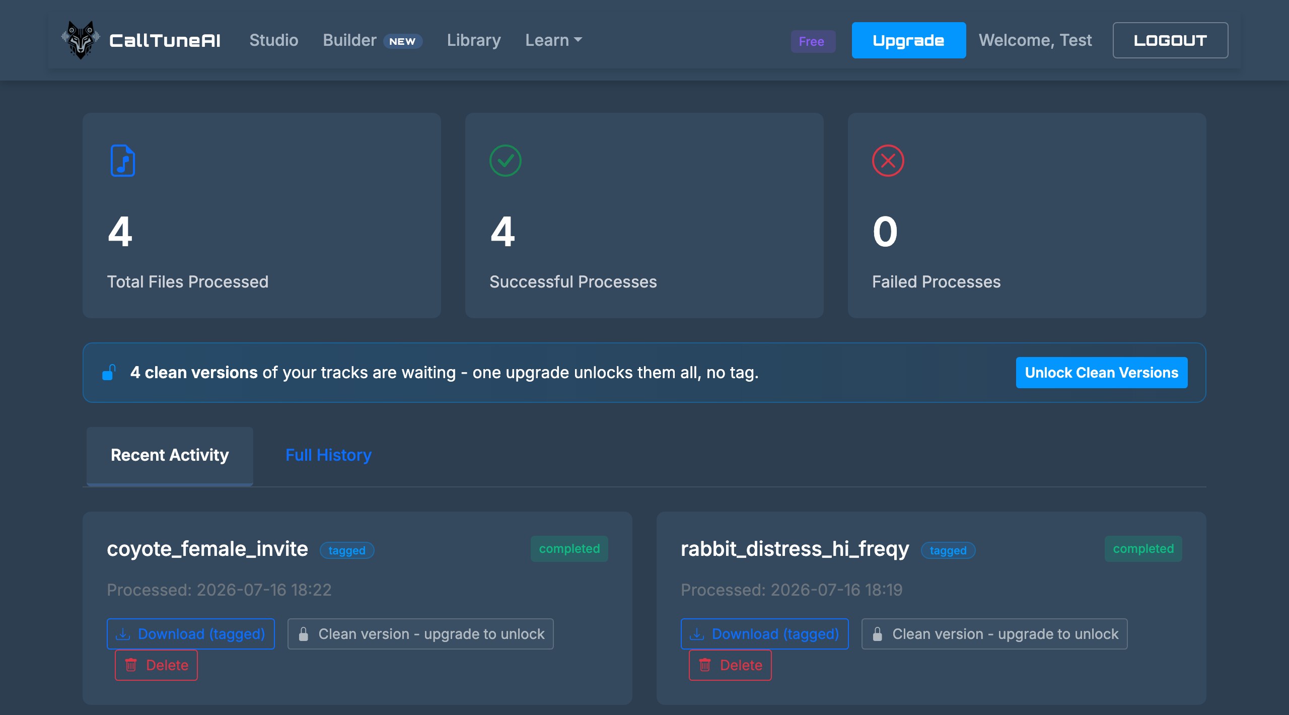The CallTuneAI Library on a free account: tagged tracks saved and ready to download, with their clean versions waiting to be unlocked