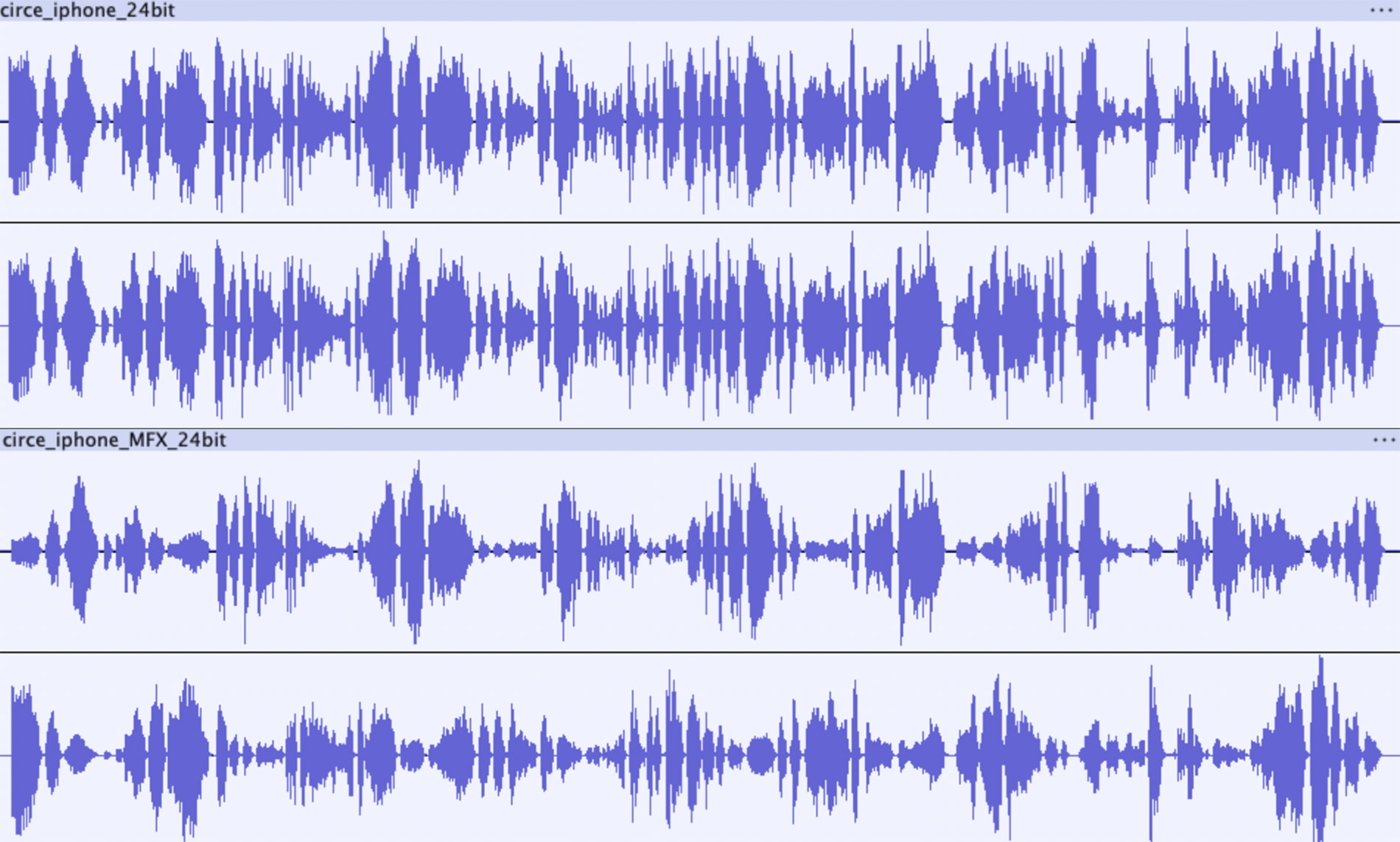 Before and after waveform showing MotionFX ping-pong stereo effect